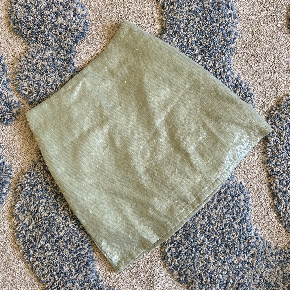 Sage green, shimmery sequin mini skirt